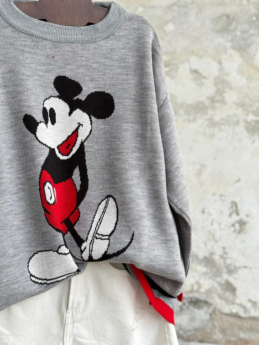 Mickey Mouse Baskılı Oversize Kazak (Gri)