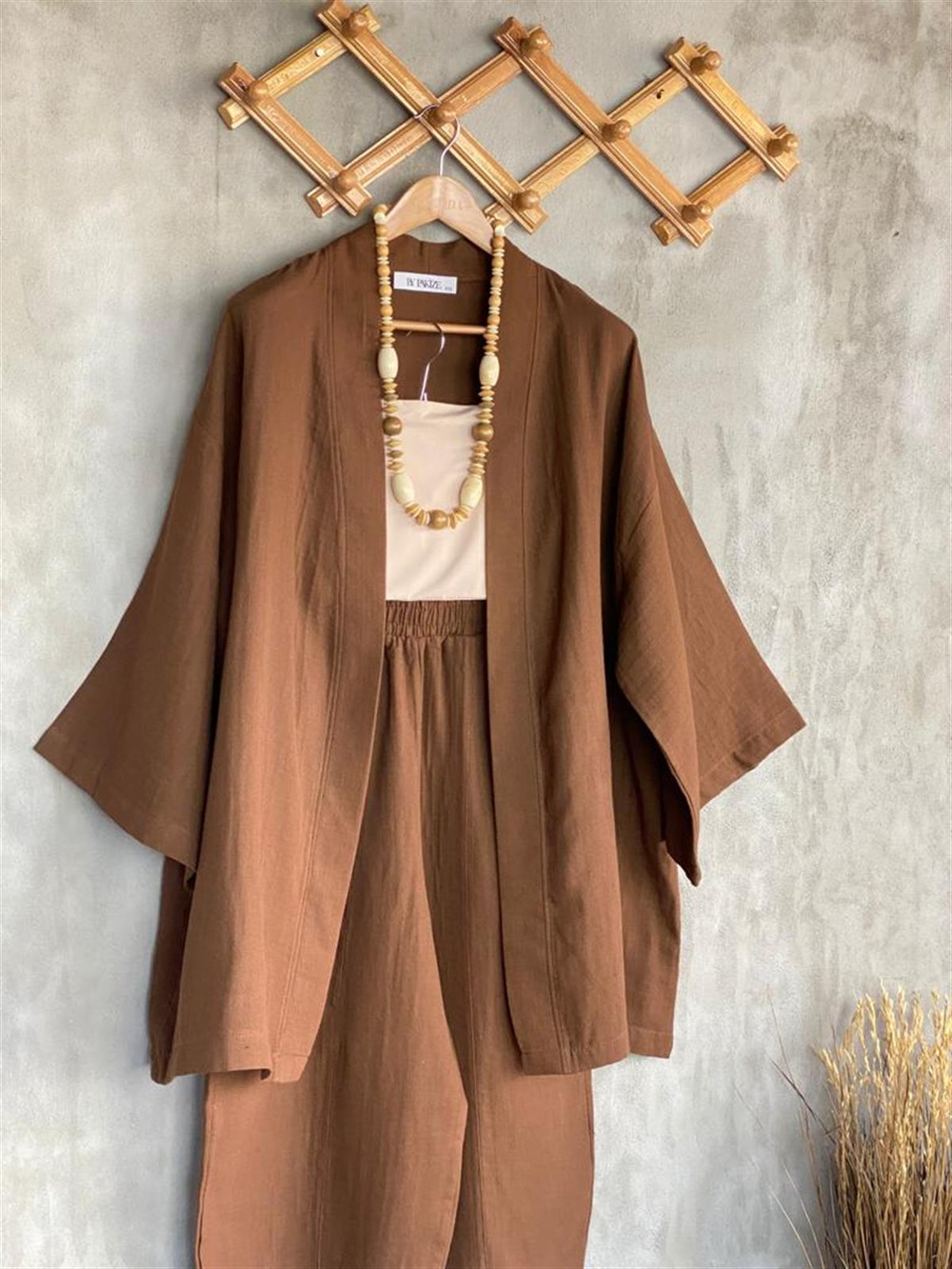 Müslin Kumaş Şalvar Pantolon Kimono Takım (Kahve)