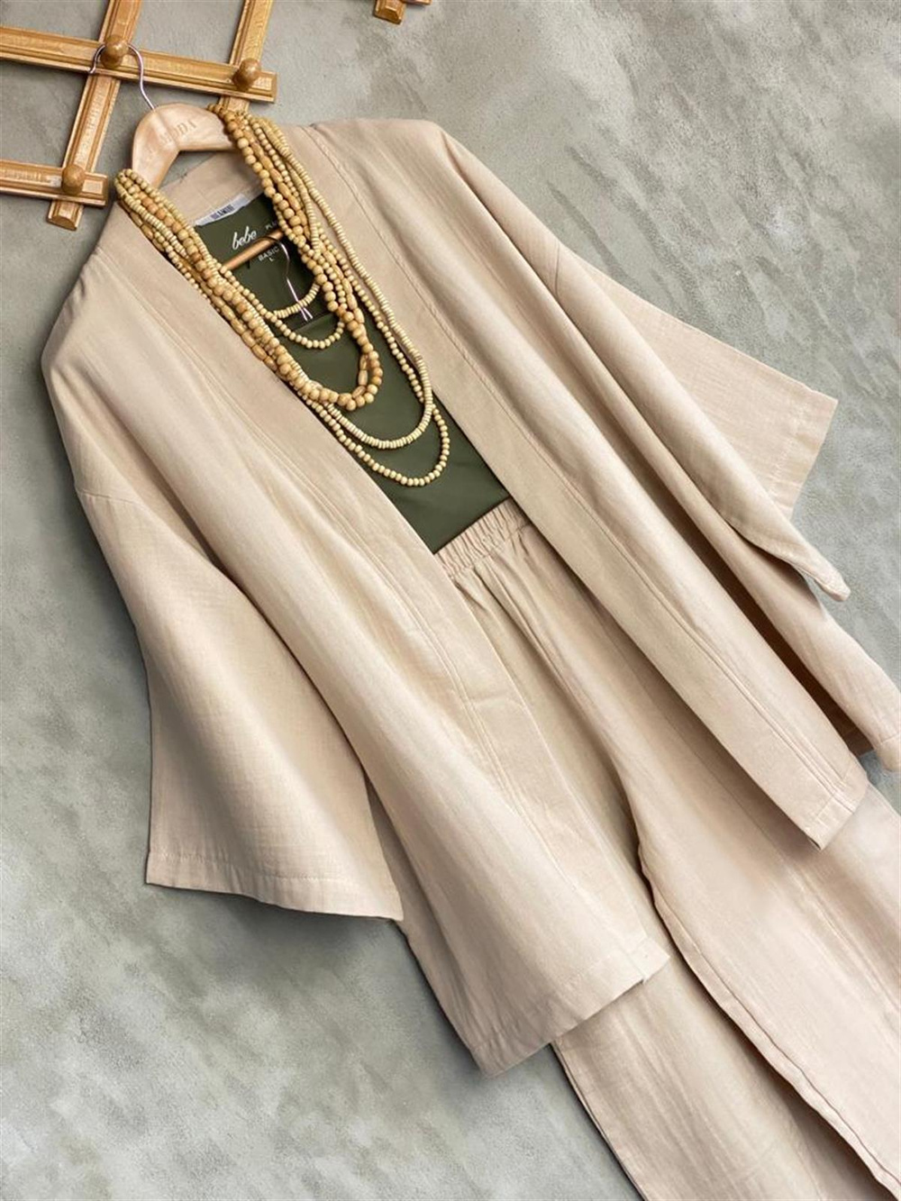 Müslin Kumaş Şalvar Pantolon Kimono Takım (Taş)