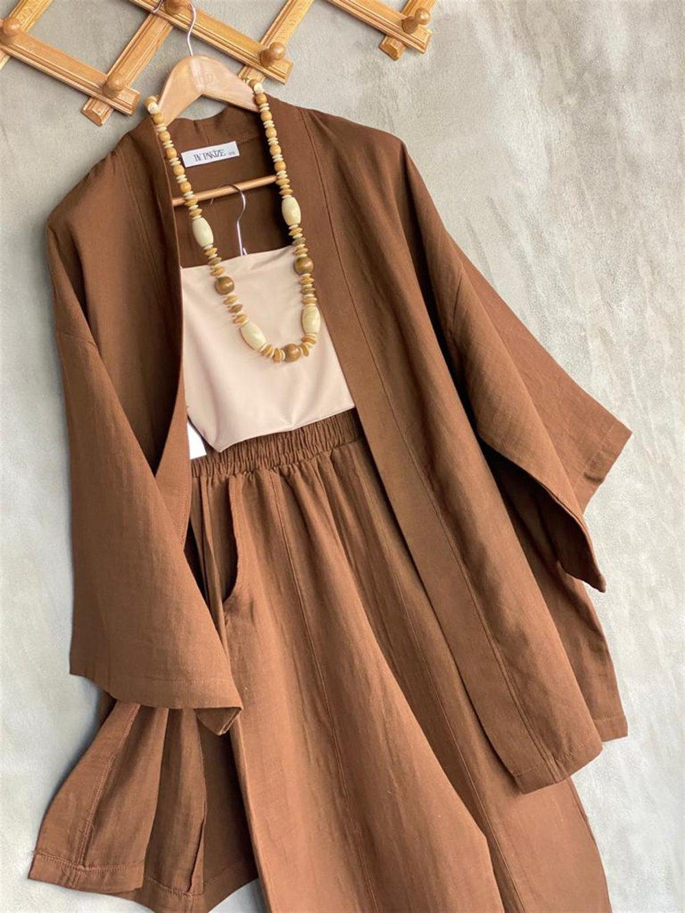 Müslin Kumaş Şalvar Pantolon Kimono Takım (Kahve)