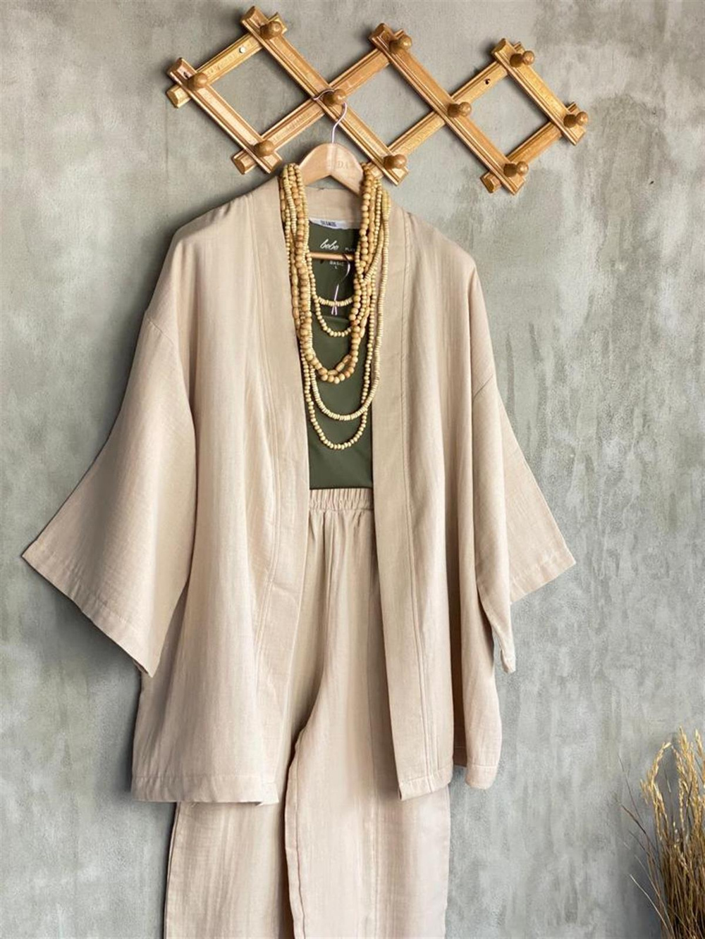 Müslin Kumaş Şalvar Pantolon Kimono Takım (Taş)
