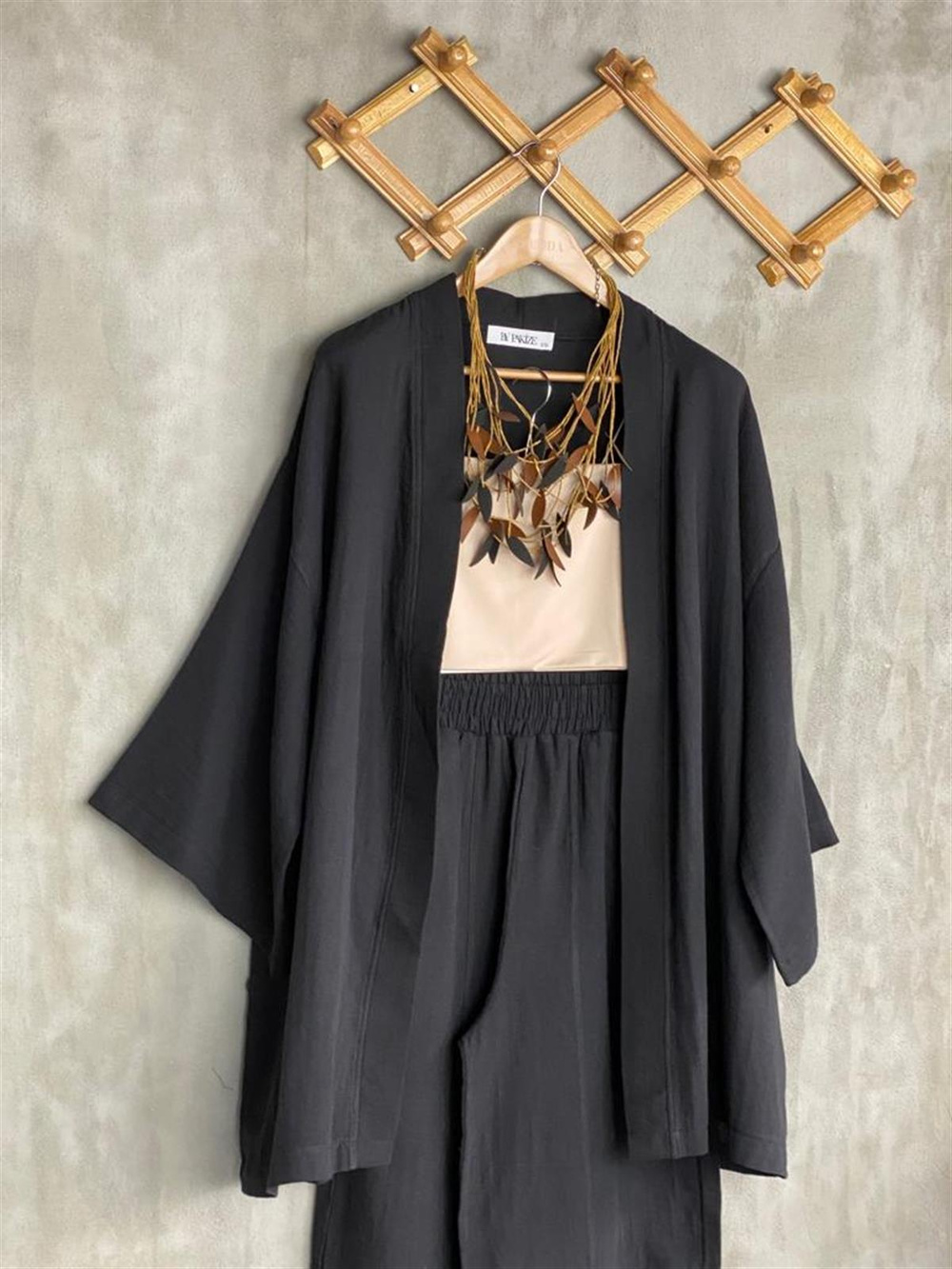 Müslin Kumaş Şalvar Pantolon Kimono Takım (Siyah)