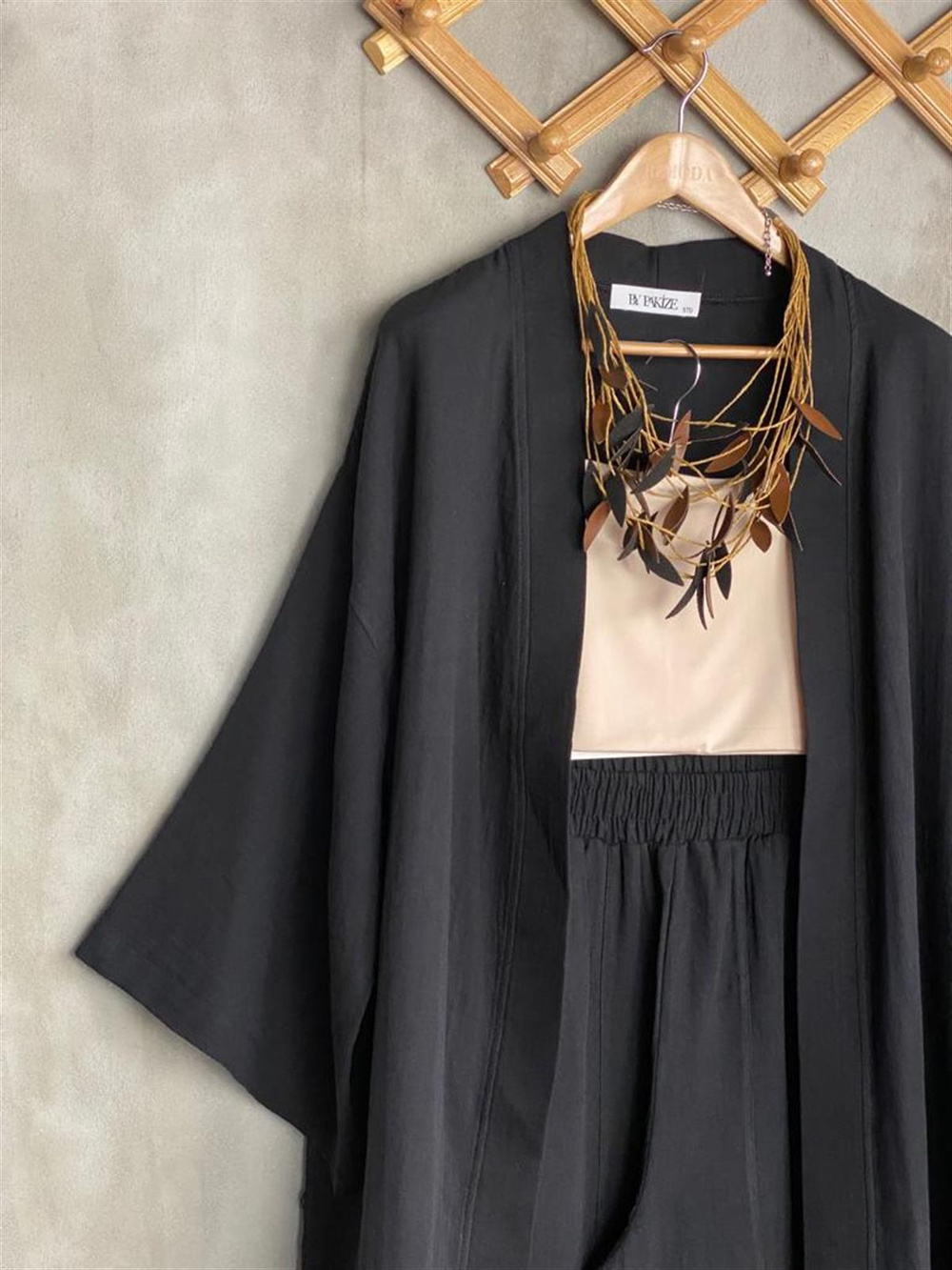Müslin Kumaş Şalvar Pantolon Kimono Takım (Siyah)