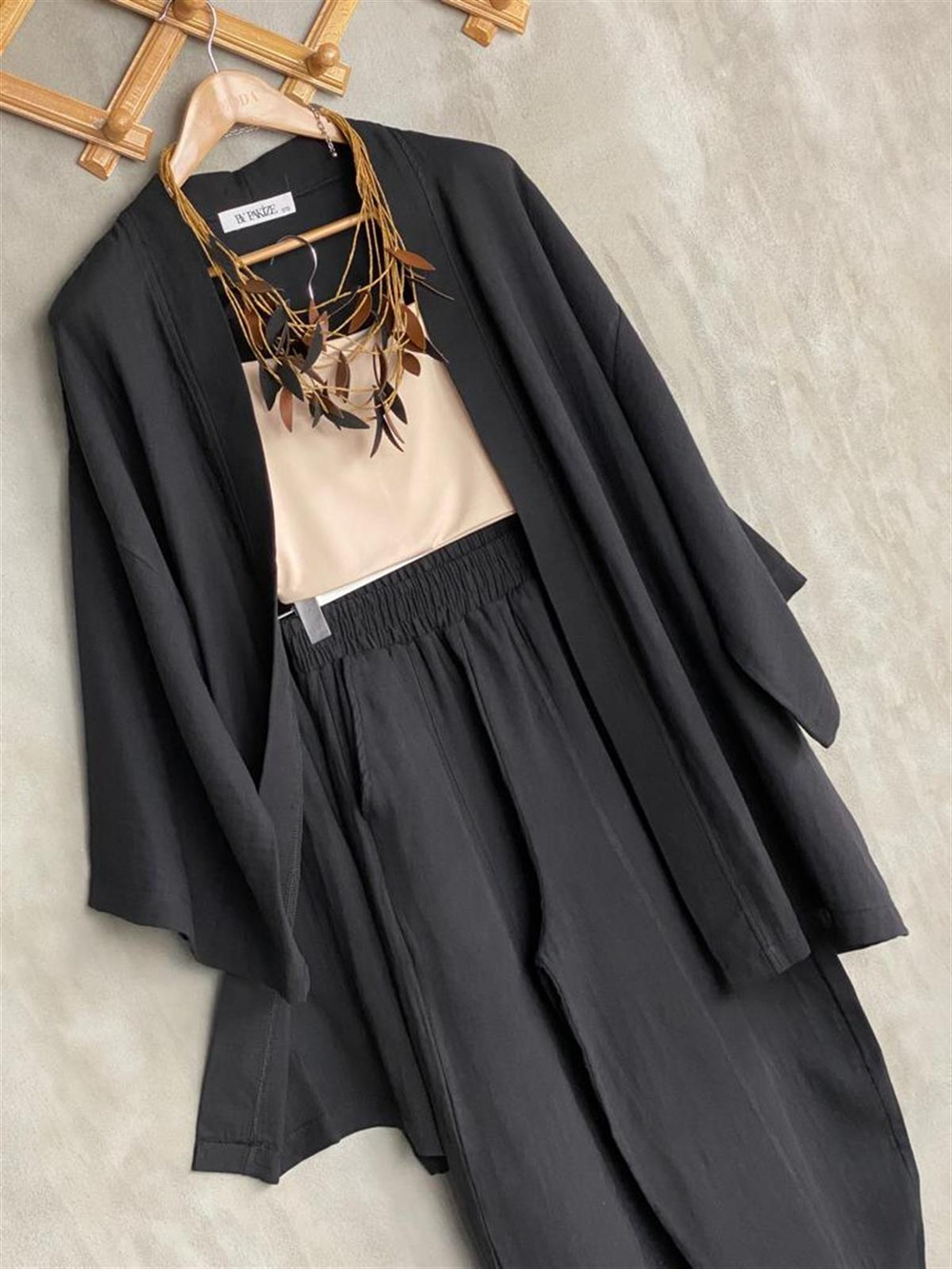 Müslin Kumaş Şalvar Pantolon Kimono Takım (Siyah)