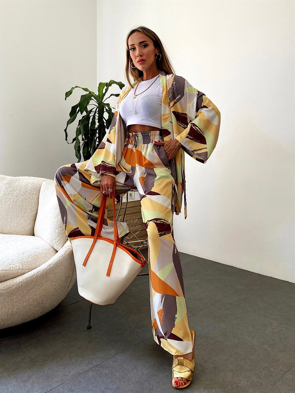 Natural Sarı Ve Gri Karışık Desen Tasarım Kuşaklı Kimono Weart Takım