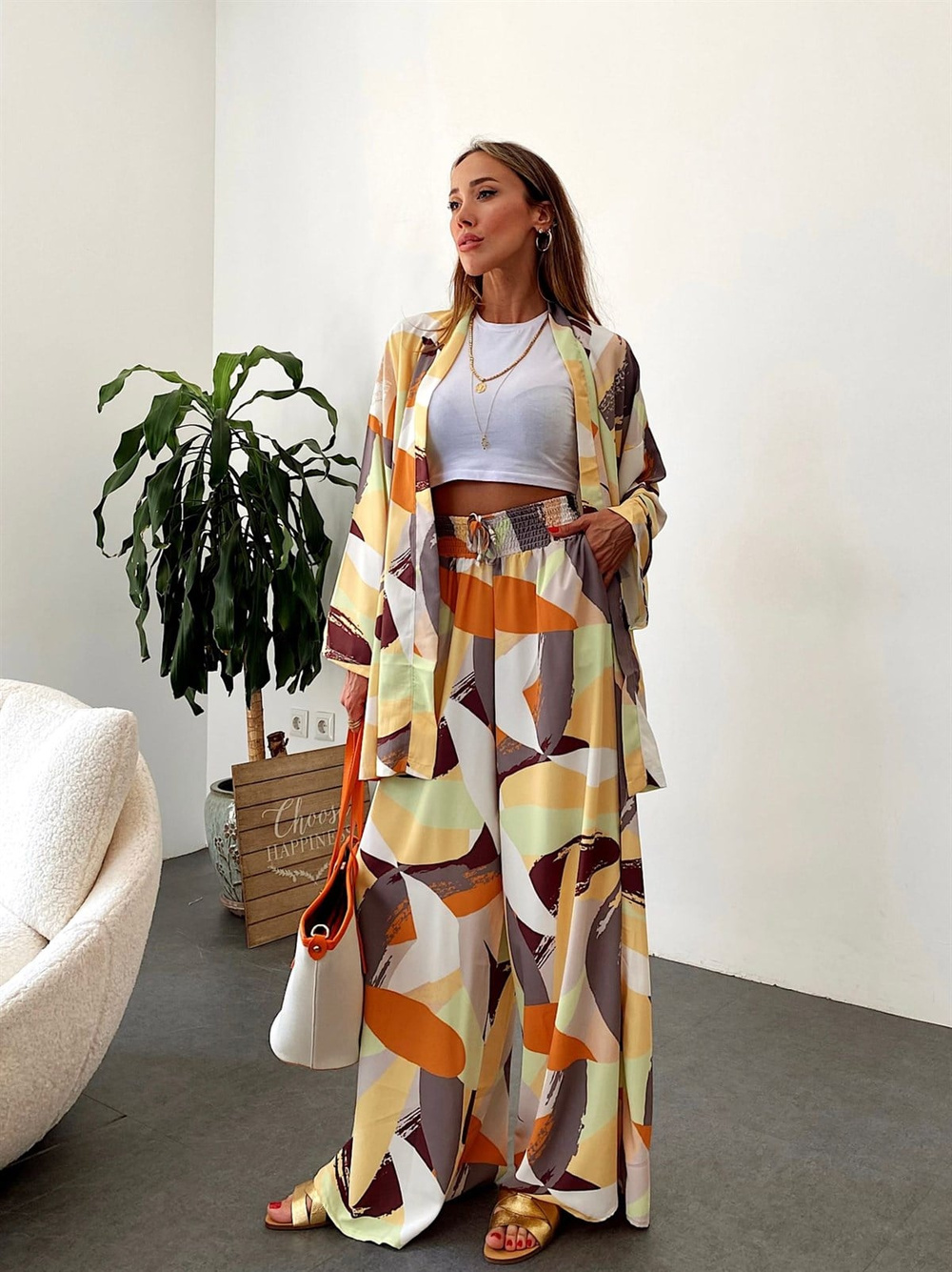 Natural Sarı Ve Gri Karışık Desen Tasarım Kuşaklı Kimono Weart Takım