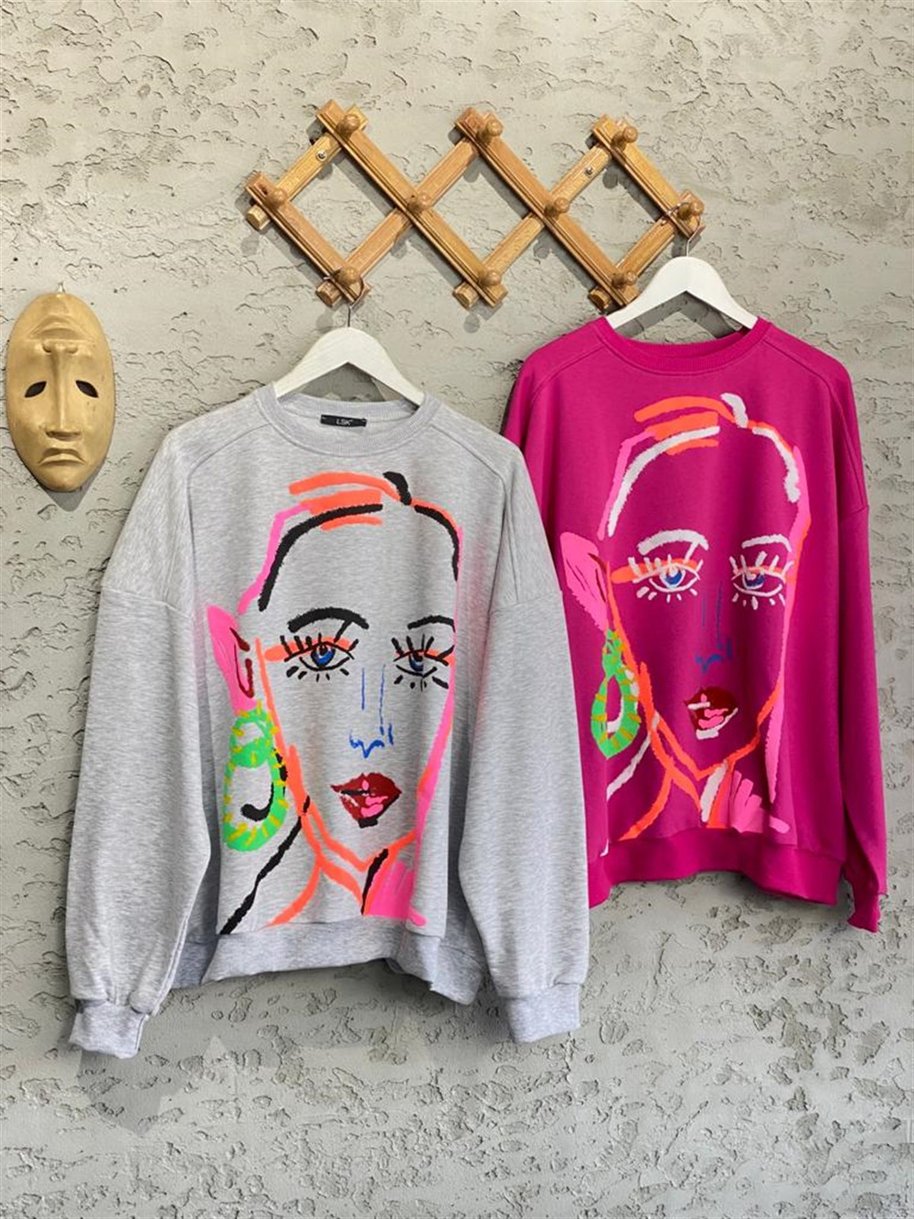 Neon Renk Baskılı Oversize Tasarım Sweat (Pembe)