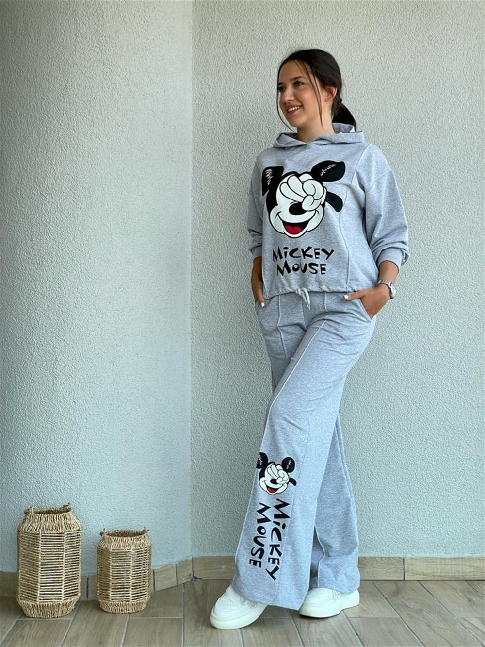 Önden Büzgü Detaylı Mickey Takım (Gri)
