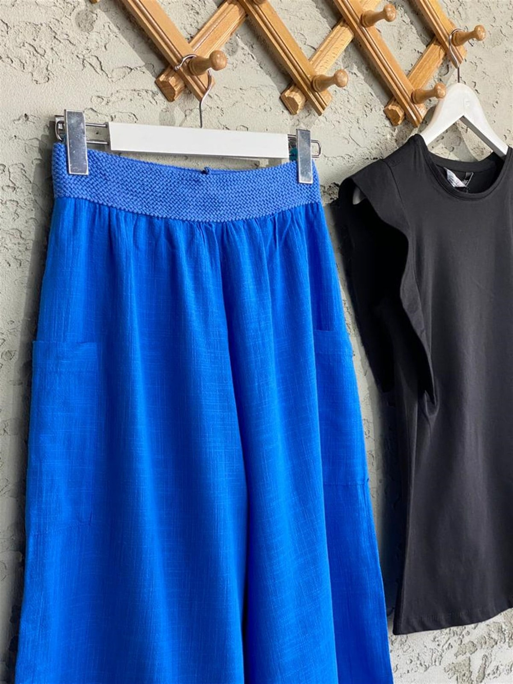 Örgü Kemer Beli Lastikli Şalvar Keten Pantolon (Saks Mavi)