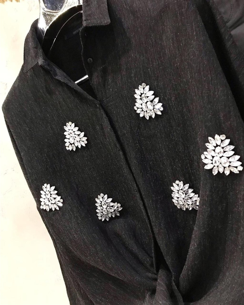 Özel Kristal Taş El İşçilikli Oversize Gömlek (KOYU ANTRASİT)