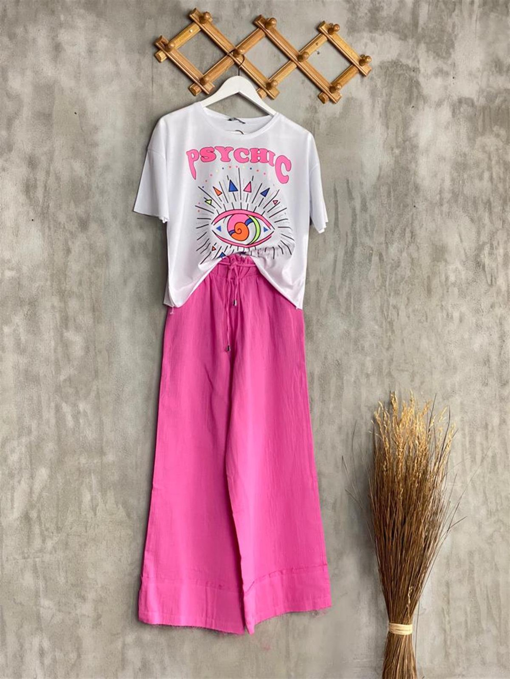 Paçası Lazer Kesimli Müslin Kumaş Pantolon (Pembe)