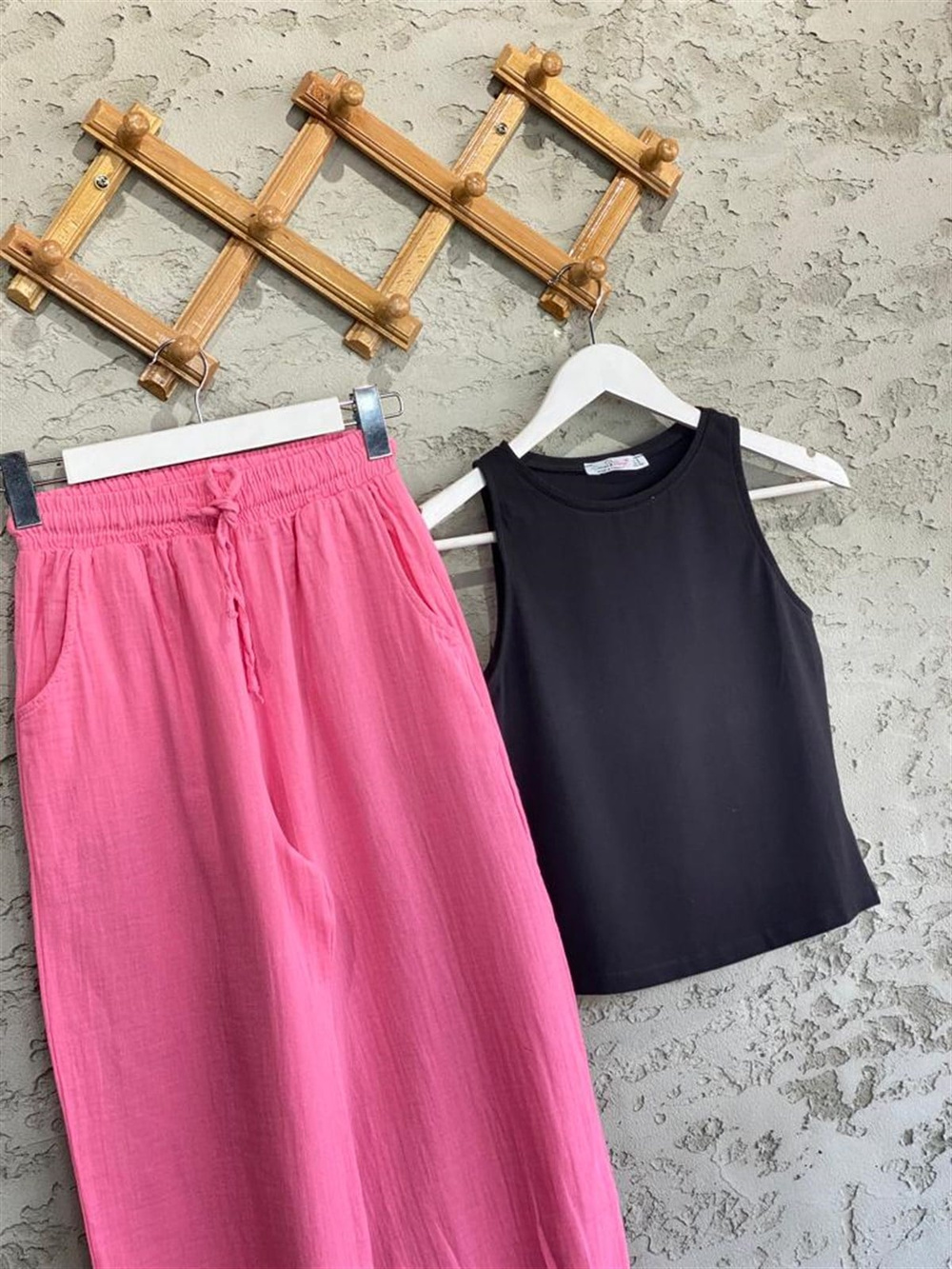 Paçası Pileli Müslin Pantolon (Pembe)