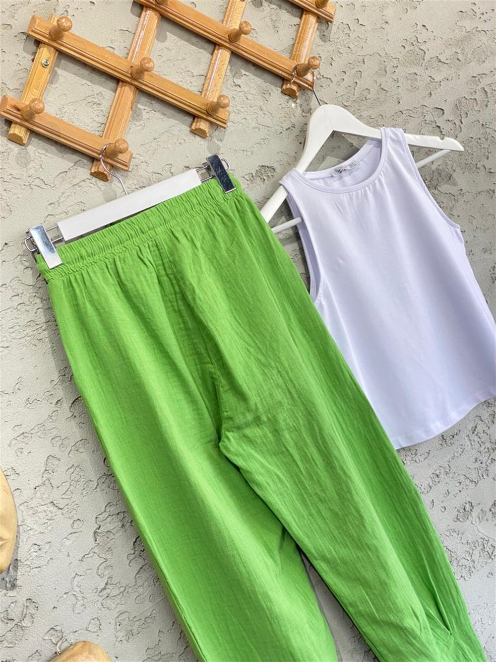 Paçası Pileli Müslin Pantolon (Yeşil)