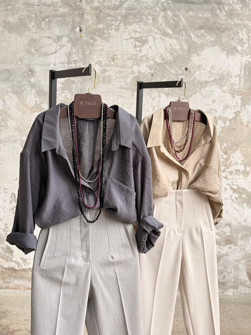 Pens Detaylı Yüksek Bel Keten Pantolon (Gri)