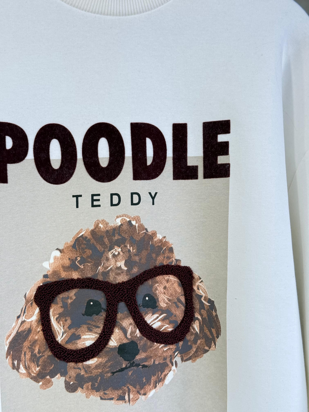 Poodle Baskılı Dokulu Gözlük Detaylı Sweatshırt (Beyaz)