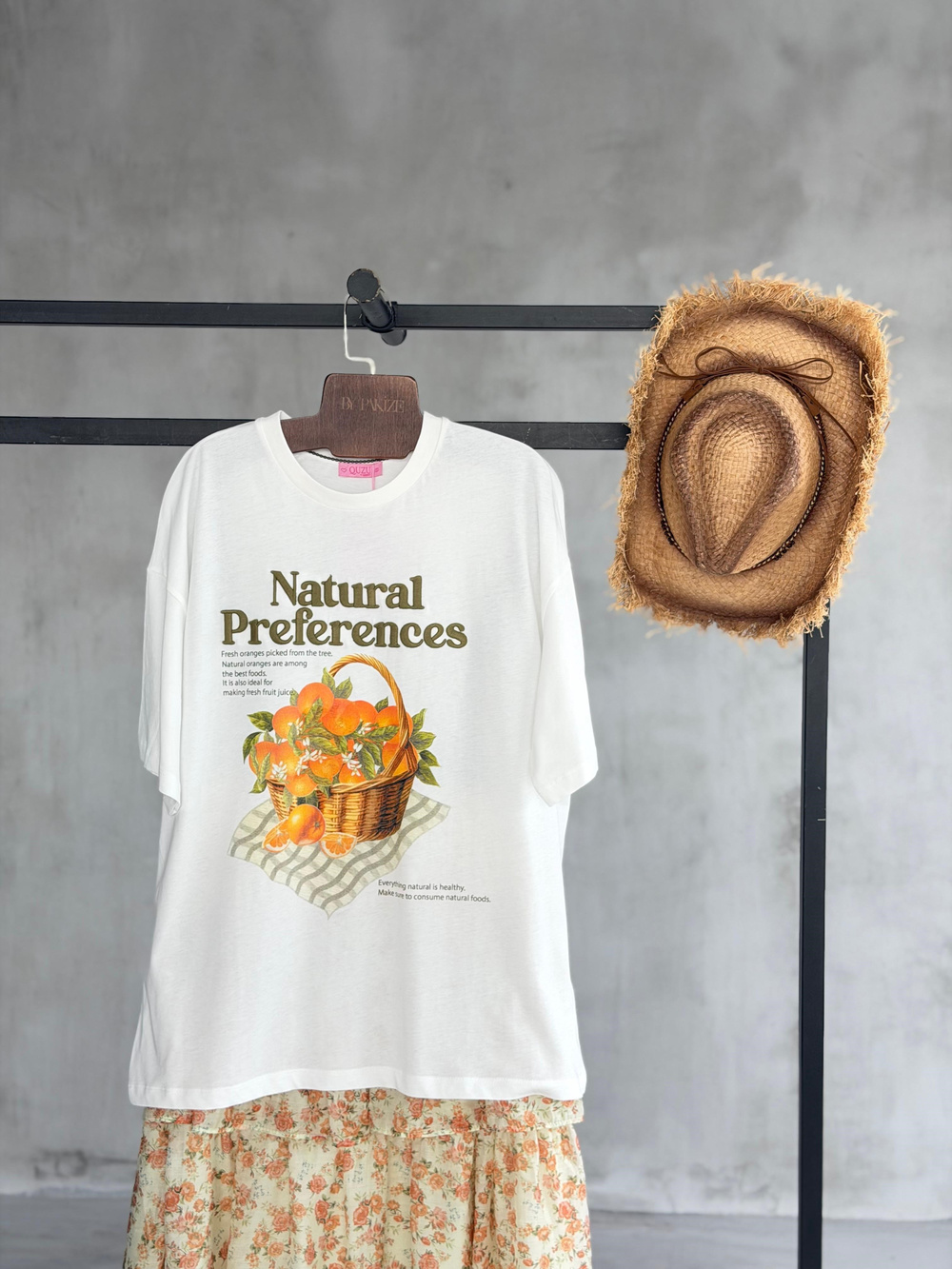 Portakal Baskılı Nakışlı Oversize Tişört (Ekru)