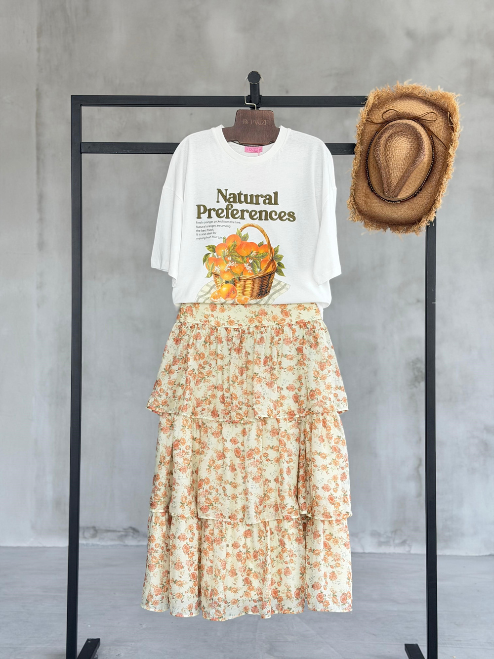 Portakal Baskılı Nakışlı Oversize Tişört (Ekru)