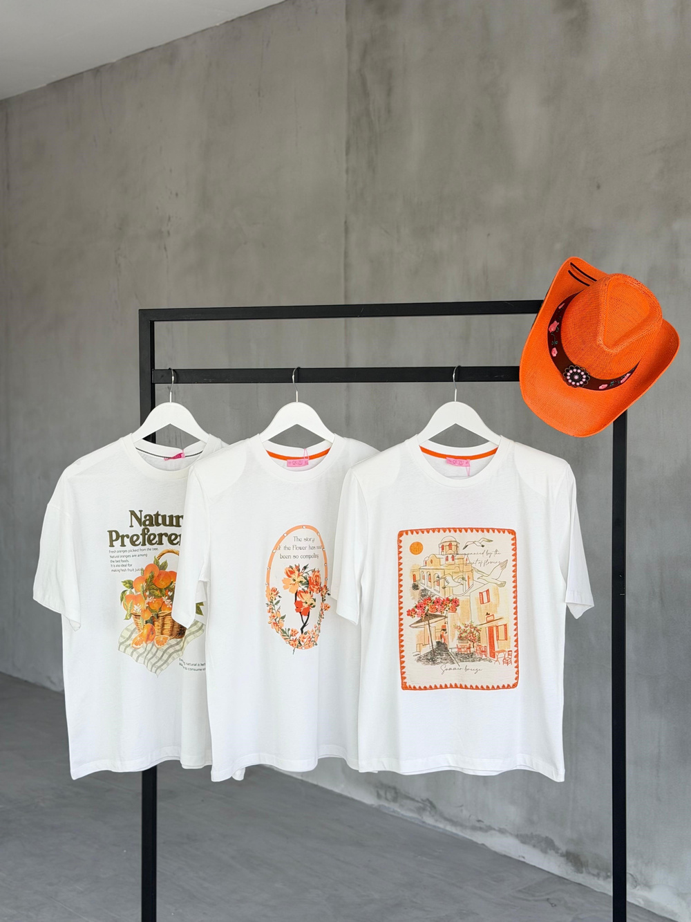 Portakal Baskılı Nakışlı Oversize Tişört (Ekru)