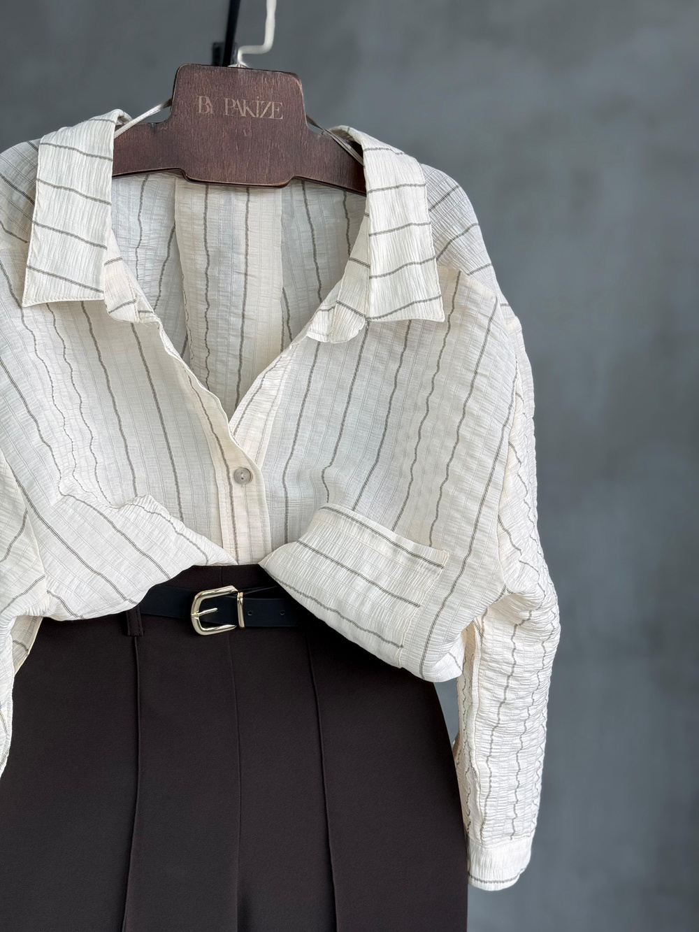 Premium Düşük Omuz Oversize Çizgili Gömlek (Ekru)