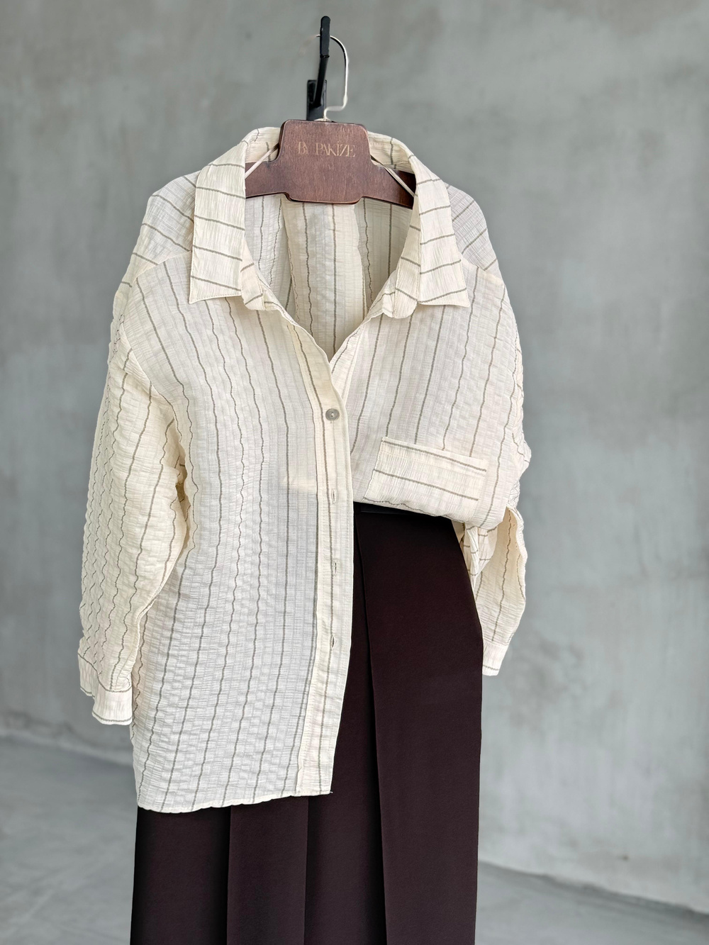 Premium Düşük Omuz Oversize Çizgili Gömlek (Ekru)