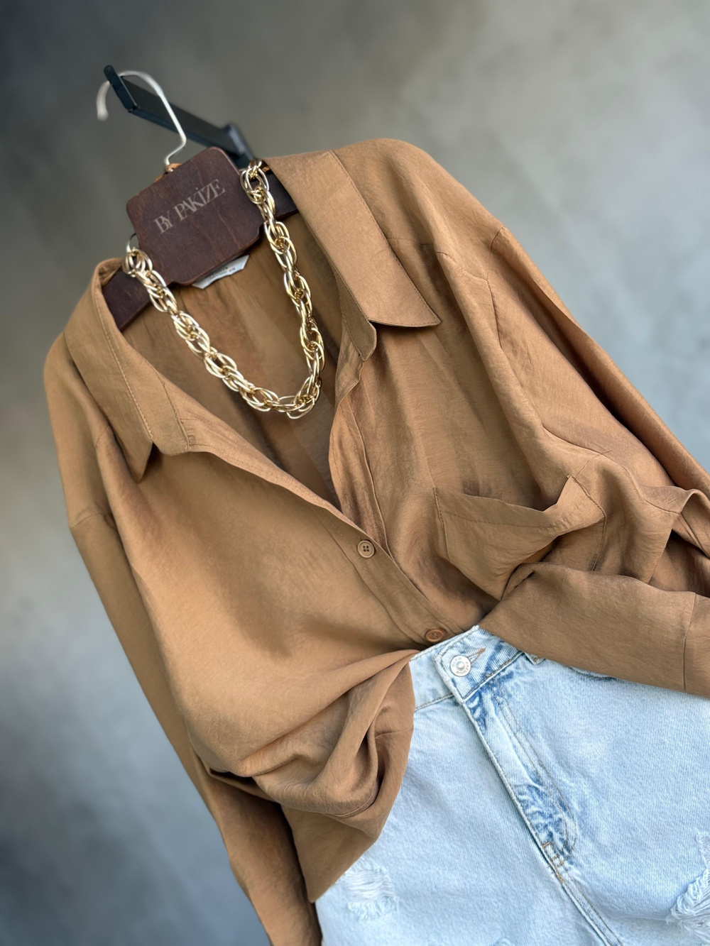 Premium Düşük Omuzlu Oversize Gömlek (Camel)
