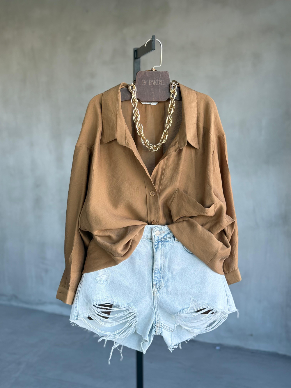 Premium Düşük Omuzlu Oversize Gömlek (Camel)