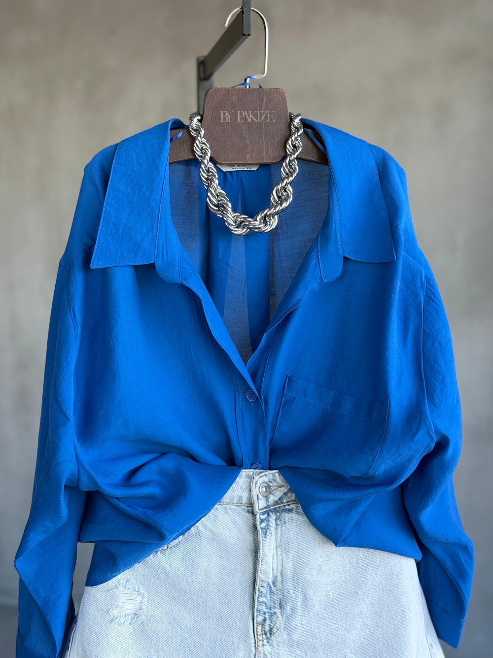 Premium Düşük Omuzlu Oversize Gömlek (Saks Mavisi)