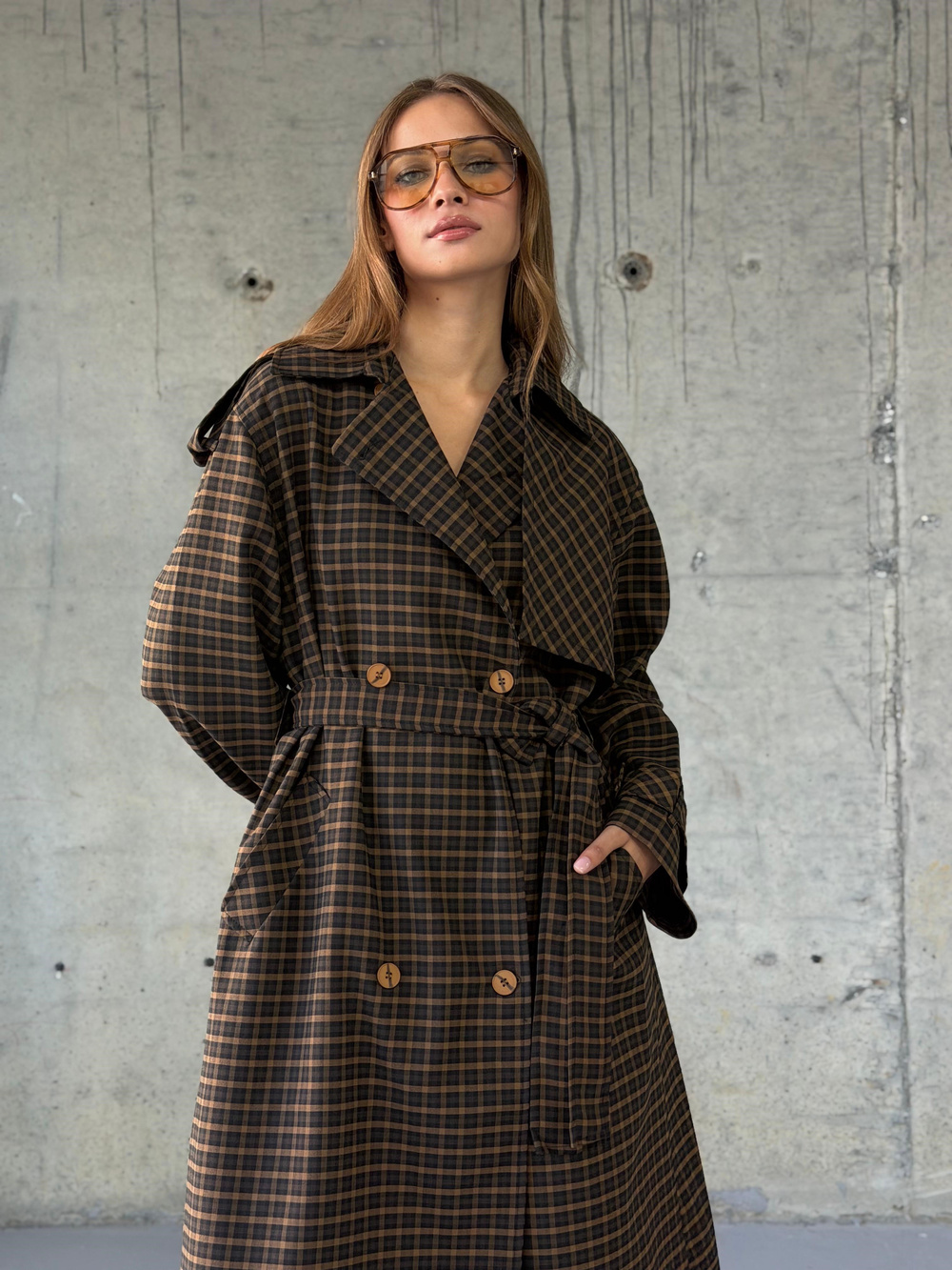 Premium Ekose Oversize Trençkot (Kahve)