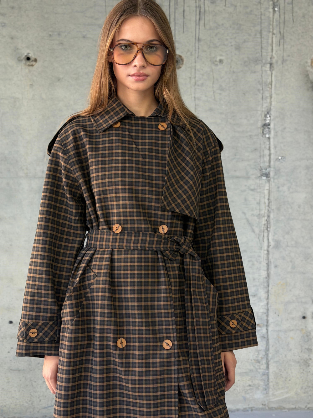 Premium Ekose Oversize Trençkot (Kahve)