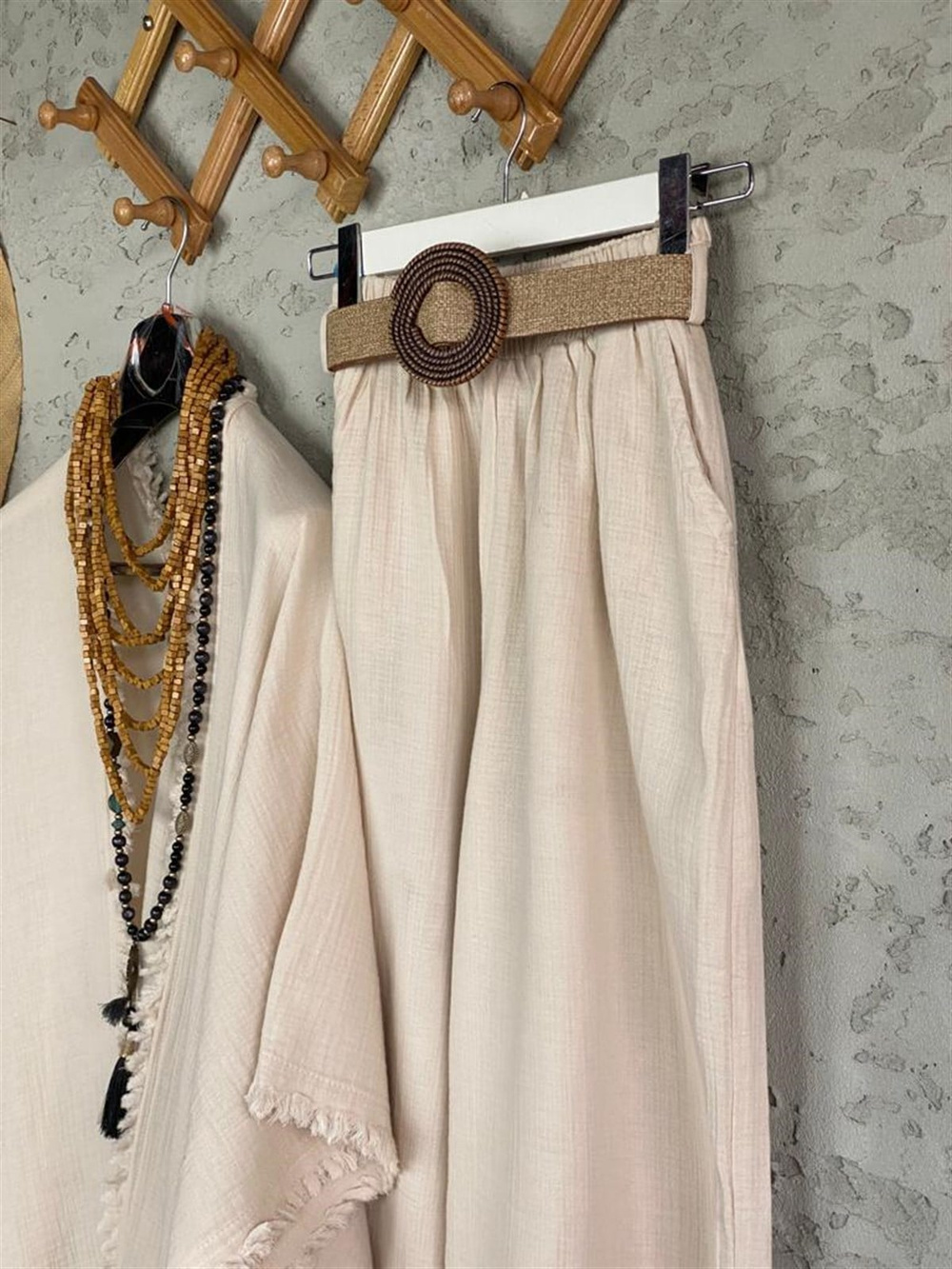 Püsküllü Kimono Pantolon Takım (Ekru)