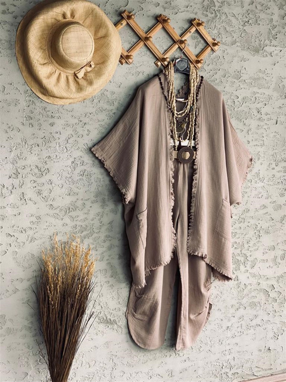 Püsküllü Kimono Pantolon Takım (Taş Rengi)