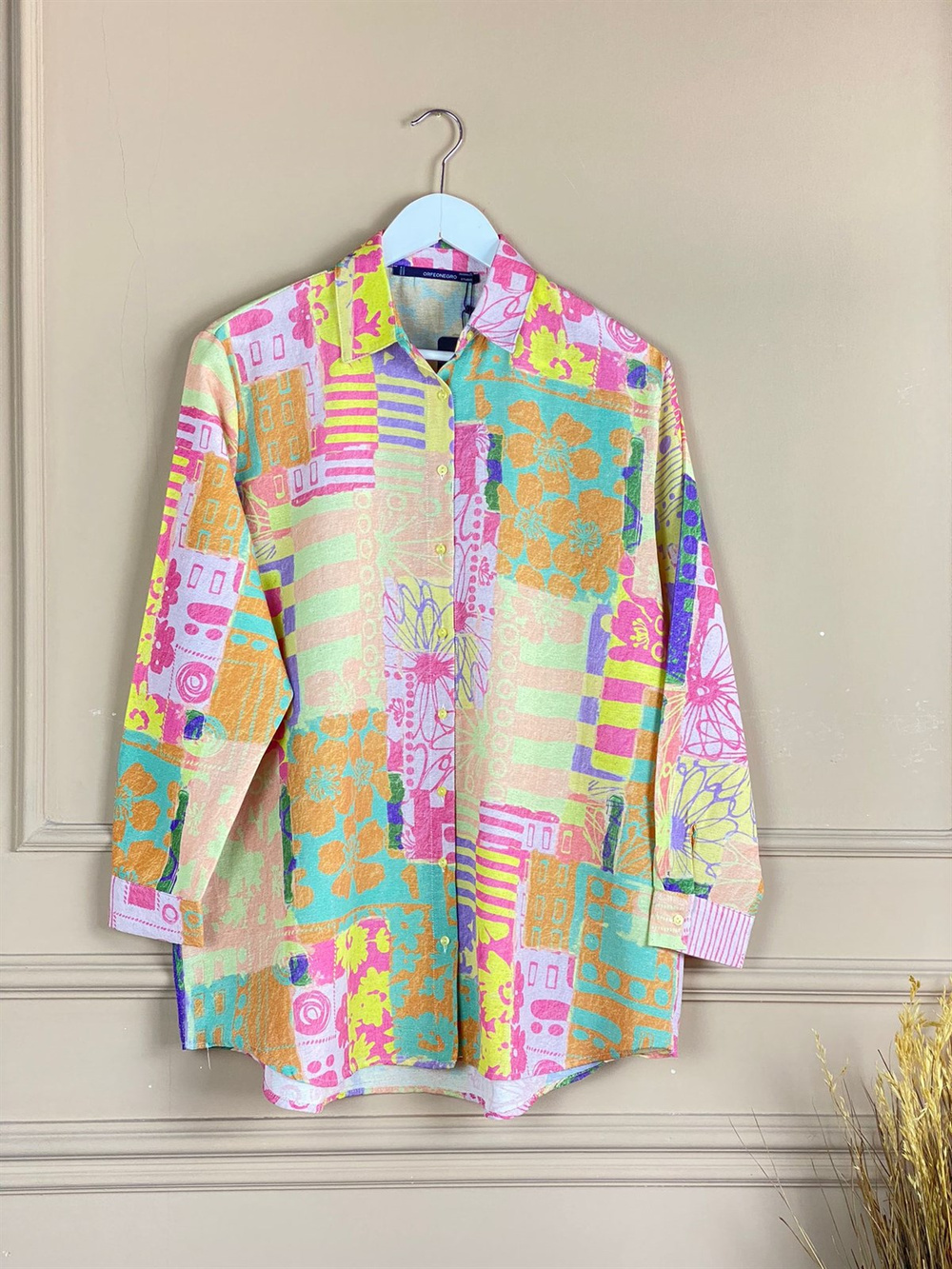 Renkli Çeşit Baskılı Keten Oversize Gömlek (Pembe)