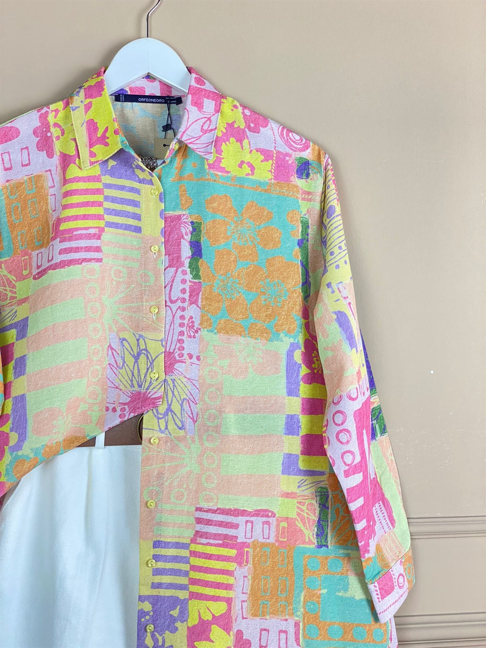 Renkli Çeşit Baskılı Keten Oversize Gömlek (Pembe)