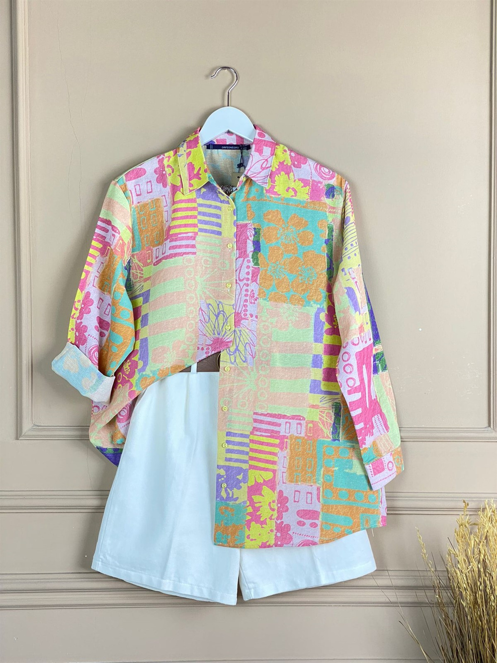 Renkli Çeşit Baskılı Keten Oversize Gömlek (Pembe)
