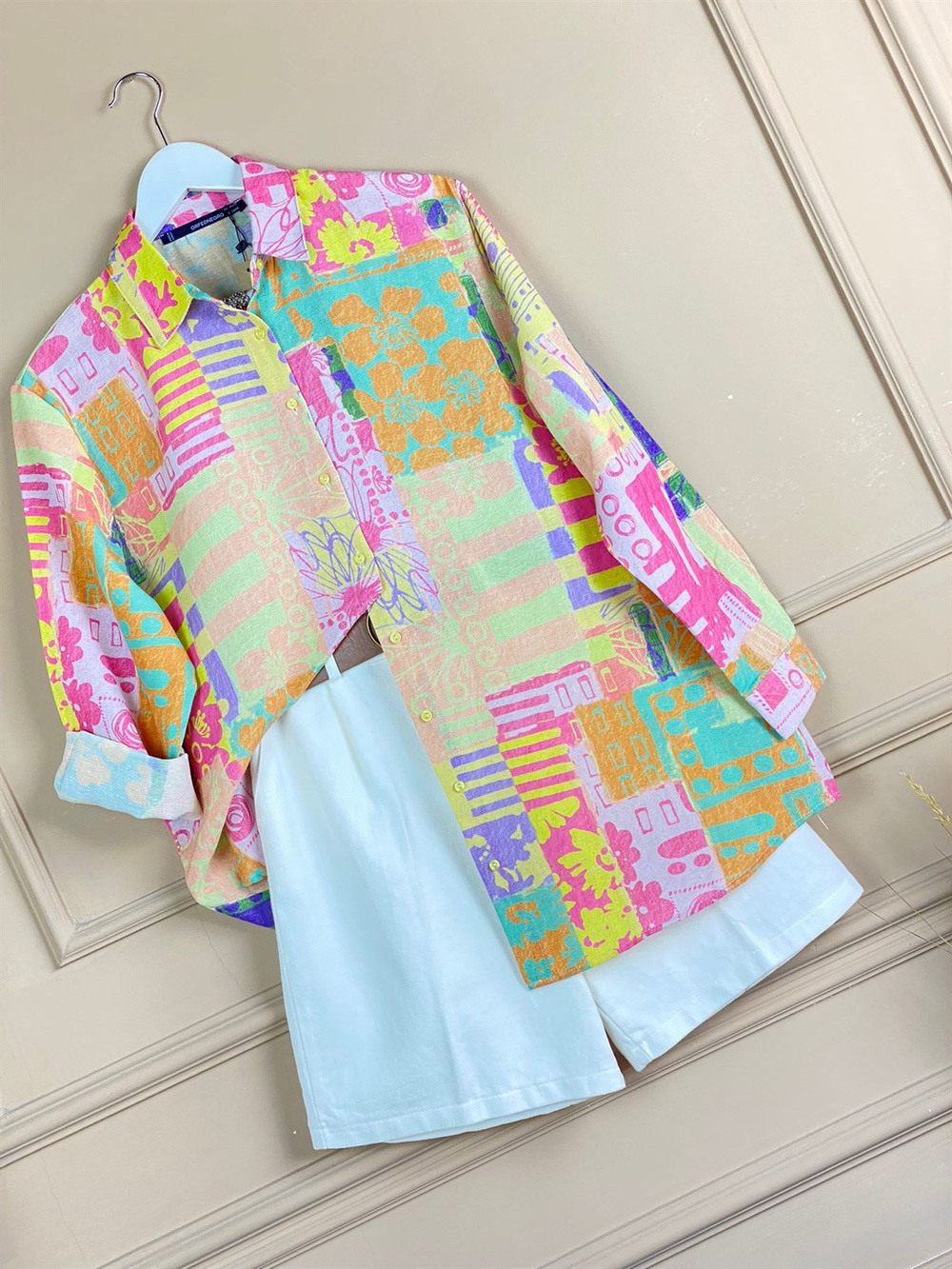 Renkli Çeşit Baskılı Keten Oversize Gömlek (Pembe)