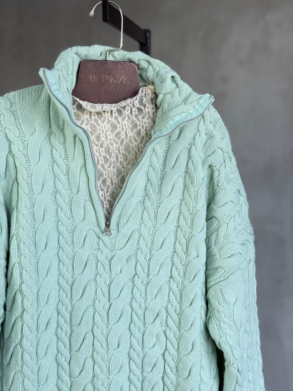 Saç Örgü Fermuarlı Oversize Kazak (Mint)