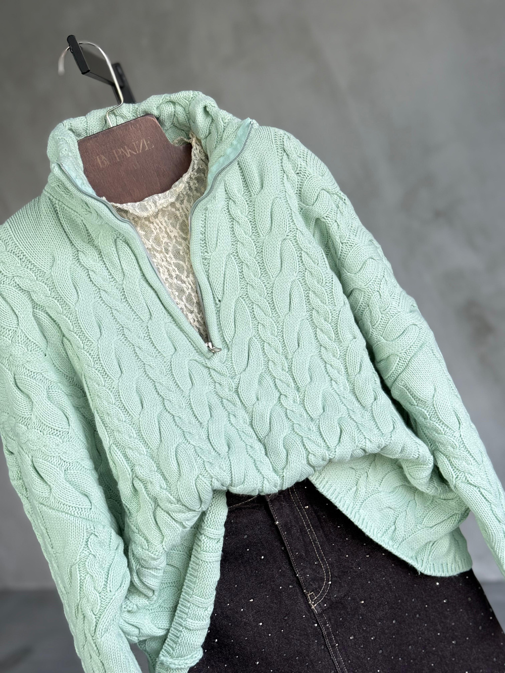 Saç Örgü Fermuarlı Oversize Kazak (Mint)