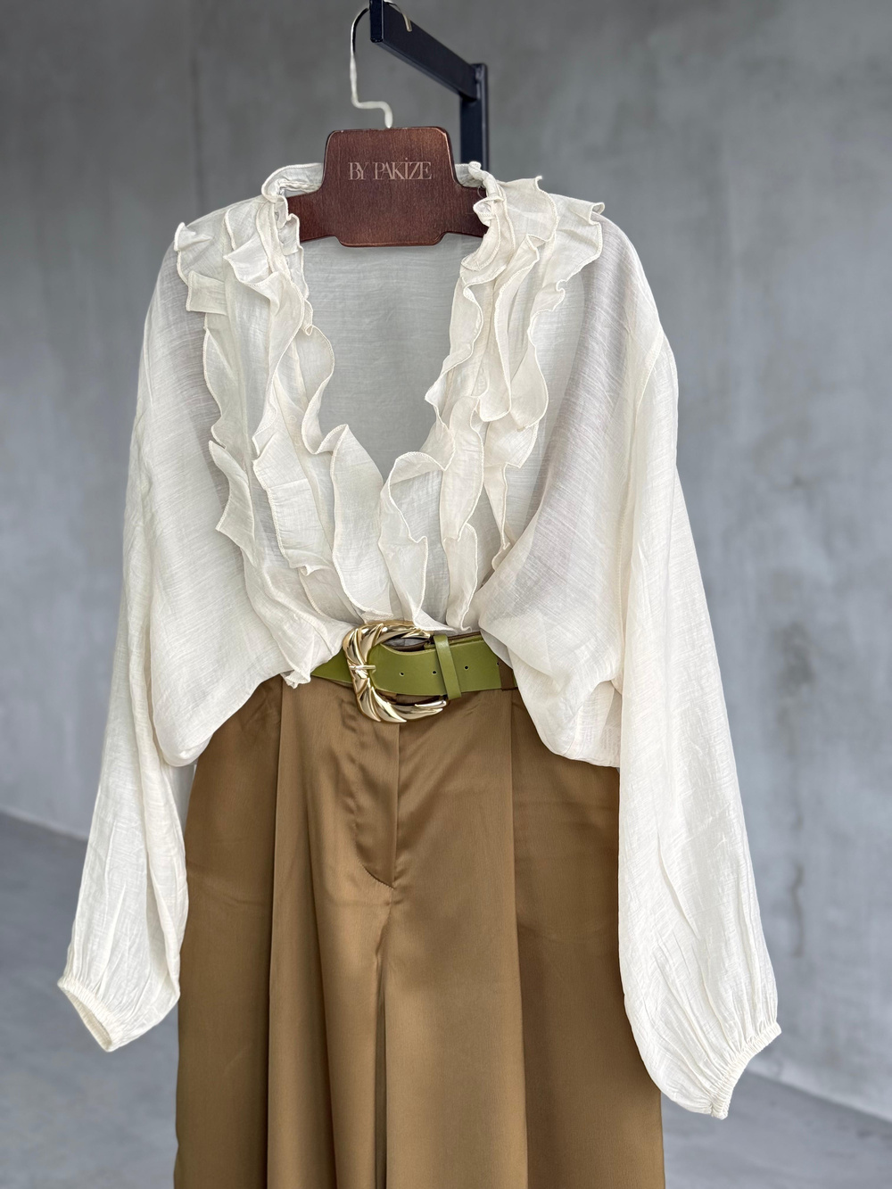 Saten Kemerli Palazzo Pantolon (Haki)