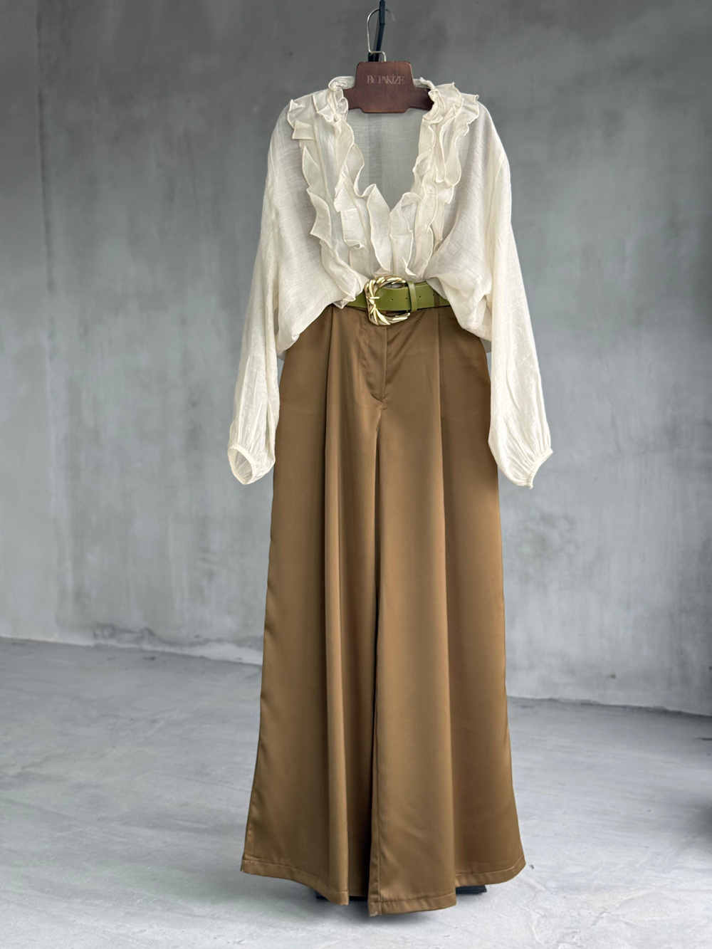 Saten Kemerli Palazzo Pantolon (Haki)