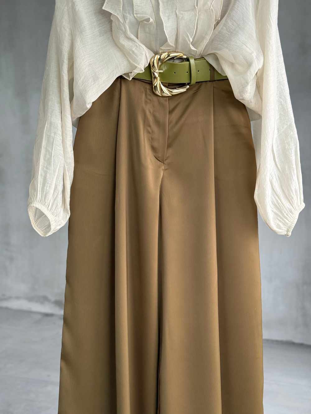 Saten Kemerli Palazzo Pantolon (Haki)