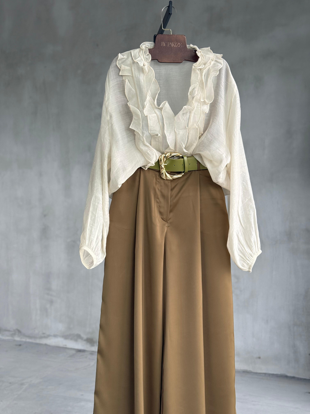 Saten Kemerli Palazzo Pantolon (Haki)