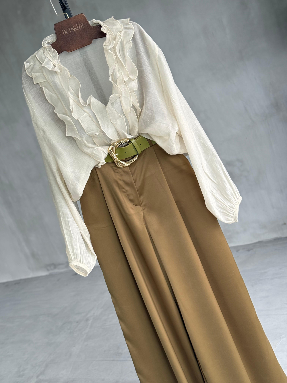 Saten Kemerli Palazzo Pantolon (Haki)