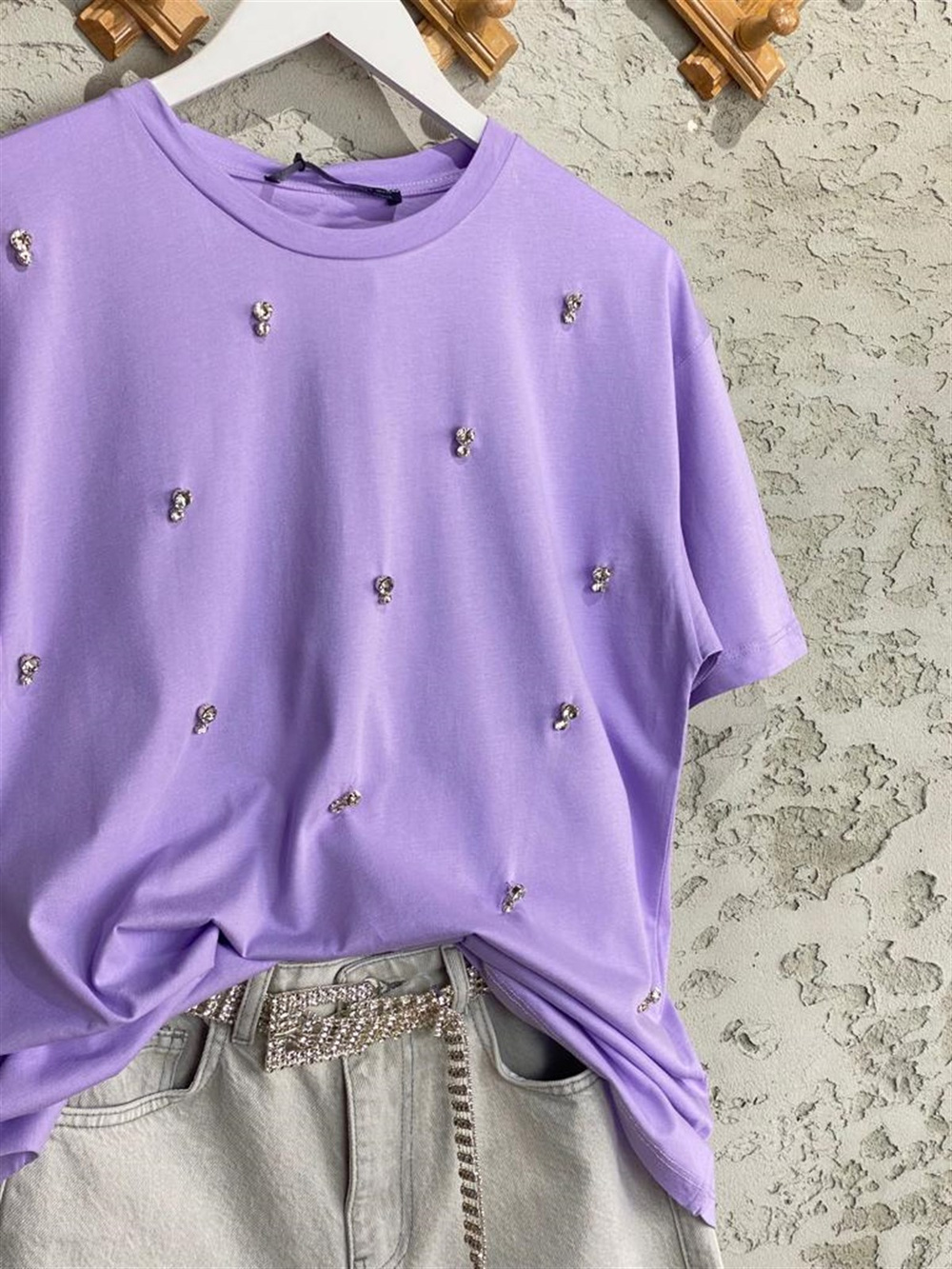 Taş İşlemeli Basic Tshirt (Lila)