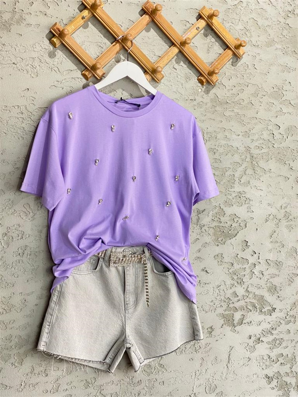 Taş İşlemeli Basic Tshirt (Lila)