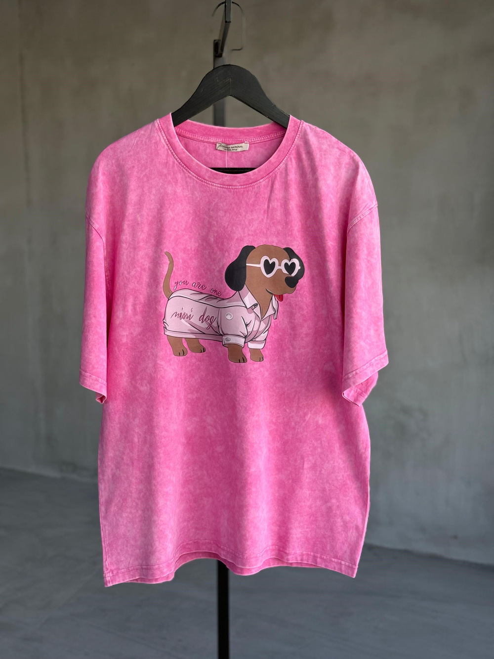 Taş Yıkamalı Oversize Gözlüklü Köpek Baskılı Dokuma Tişört  (Pembe)