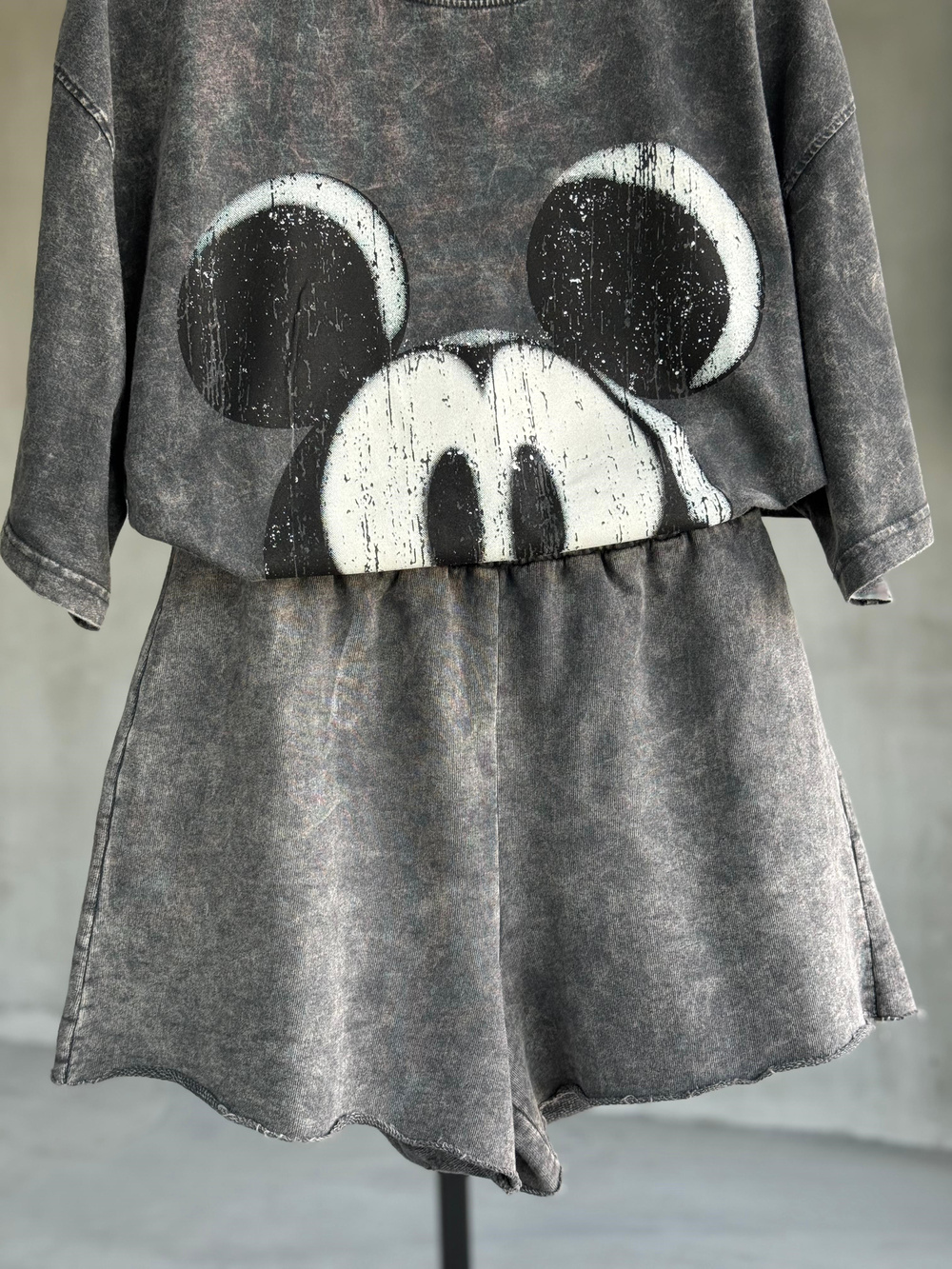 Tasarım Mickey Baskılı Taş Yıkama Oversize Dokuma TAKIM (Antrasit)
