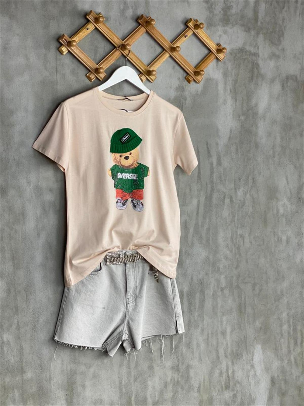 Teddy Bear Taşlı Tişört (Ten Rengi)