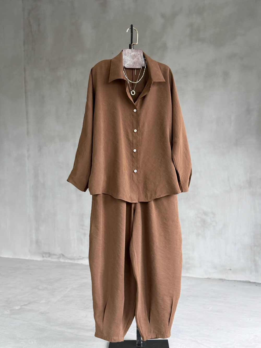 Tensel Kumaş Şalvar Model Takım (Kahve)