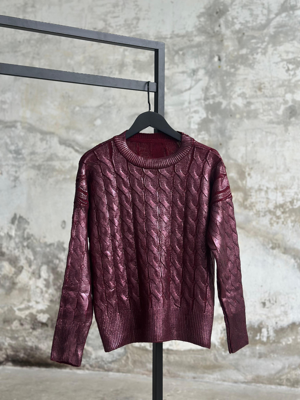 Varak Kaplamalı Saç Örgü Kazak (Bordo)