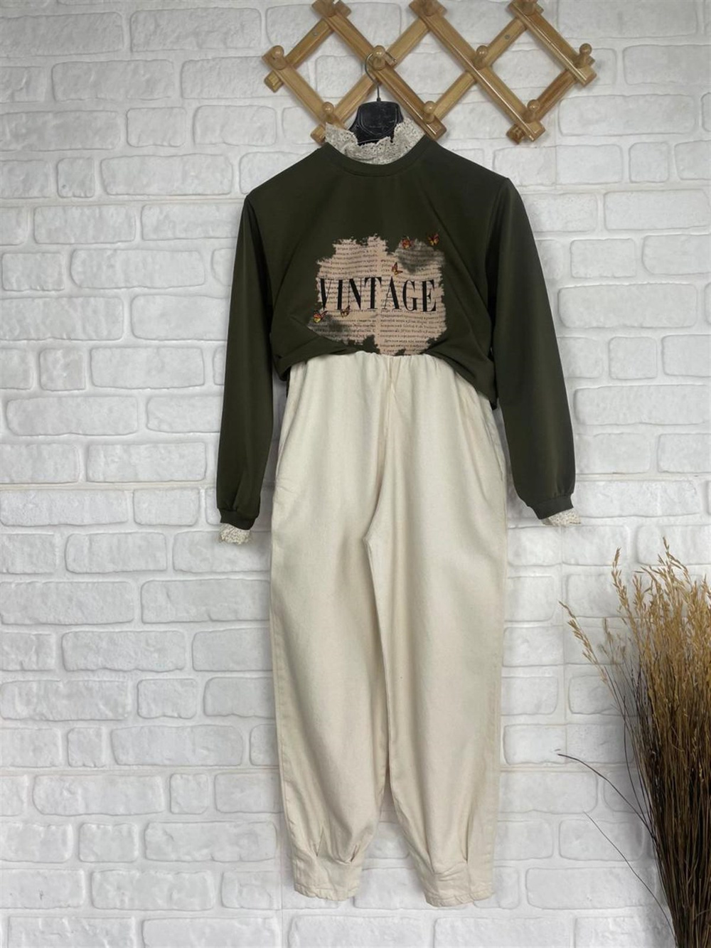 Vintage Baskı Desenli sweat (YEŞİL)